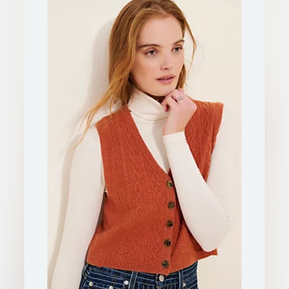 Free People Rust Orange Cable-Knit V-Neck Buttoned Sweater Vest